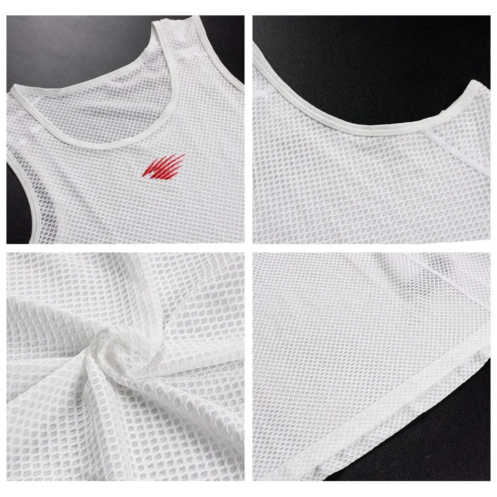 White mesh cycling base layer close-up: crew neck, red logo, textured fabric