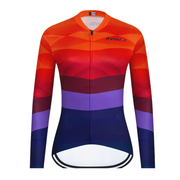 Women’s thermal cycling jersey, front zip, long sleeves, red-orange to navy colorblock stripes