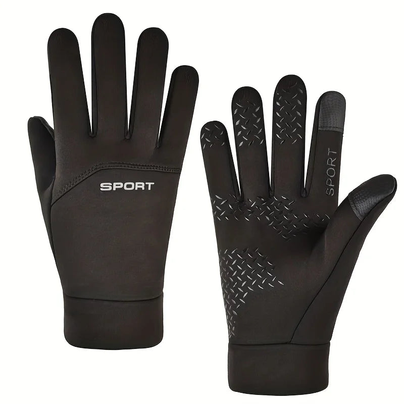 Black thermal cycling gloves set with knuckle seams and textured palm grip