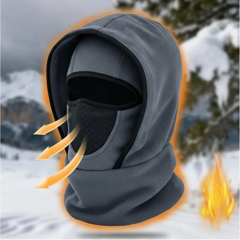 Gray hooded cycling balaclava with face opening and mesh panel at the nose