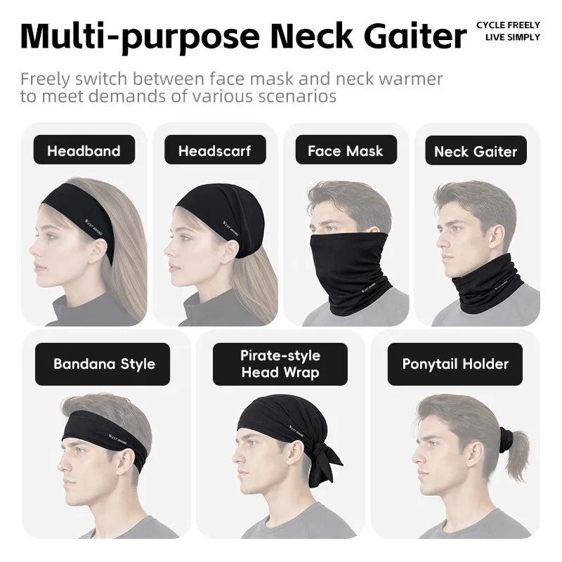 Multi-purpose neck gaiter with interchangeable styles shown, dark fabric