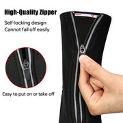 Black shoe cover with full-length zipper and easy-grip pull tab, close-up