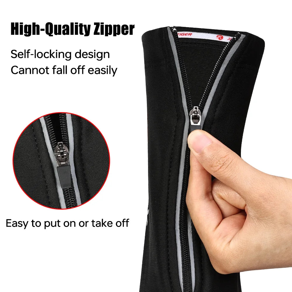 Black shoe cover with full-length zipper and easy-grip pull tab, close-up