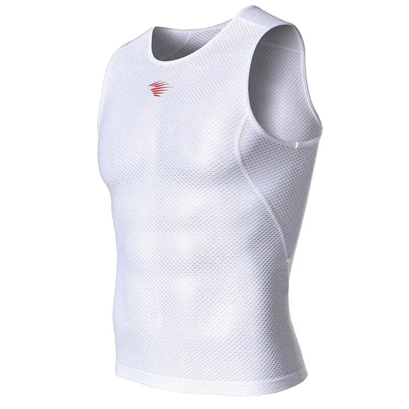 White sleeveless mesh cycling base layer side view with red logo