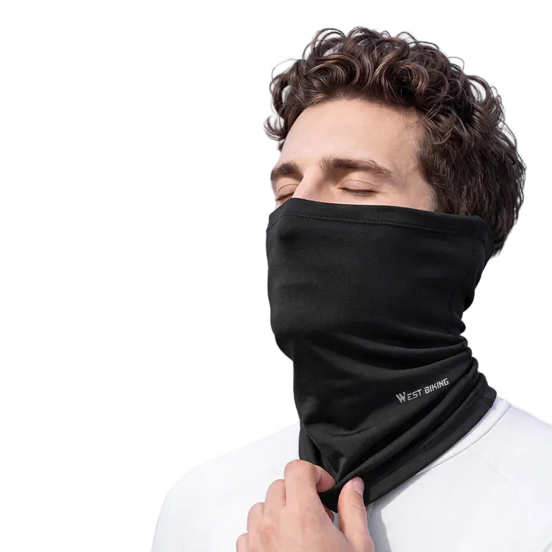 Windproof cycling face mask, dark fabric covering nose and mouth, with small chest logo