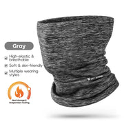 Gray heather windproof cycling neck gaiter with logo at lower edge, soft stretchy fabric
