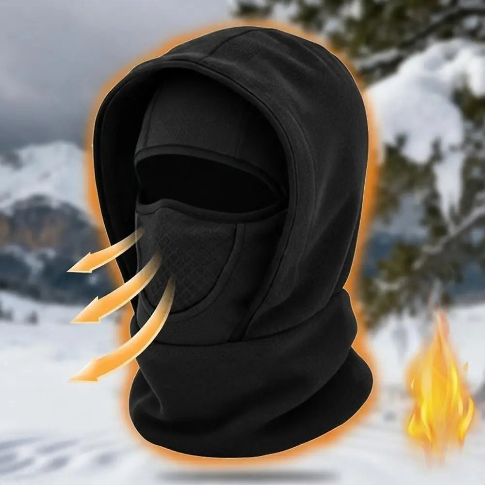 Black hooded cycling balaclava with face opening and mesh panel at the nose