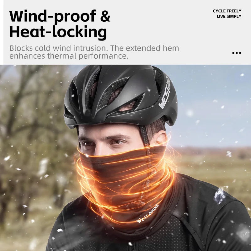 Windproof neck gaiter covering face with dark fabric, glowing heat-effect graphic near mouth