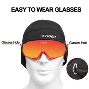 Black thermal cycling cap with X-TIGER logo and glasses hole attachment detail