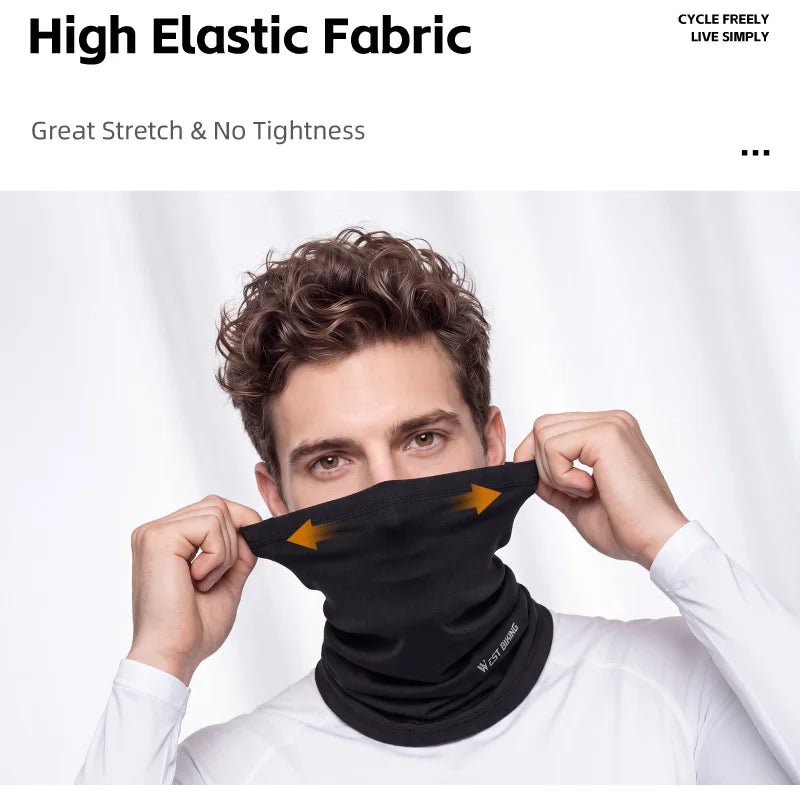 Stretch cycling neck gaiter mask in dark fabric, pulled up to cover nose and mouth