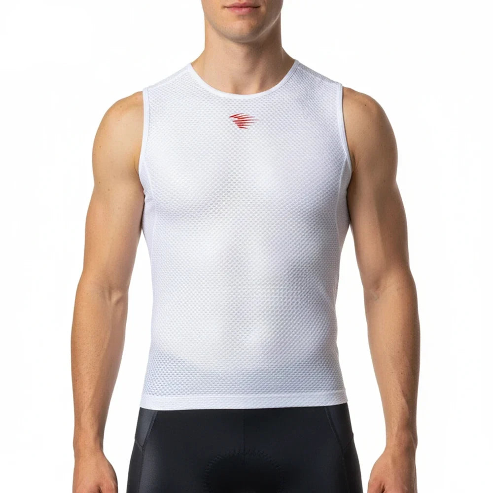 White sleeveless mesh cycling base layer with crew neck and red logo