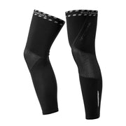 Pair of black thermal cycling leg warmers with checkered top band and mesh lower panels