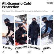 Black neck gaiter shown worn for cycling, camping, commuting, and skiing