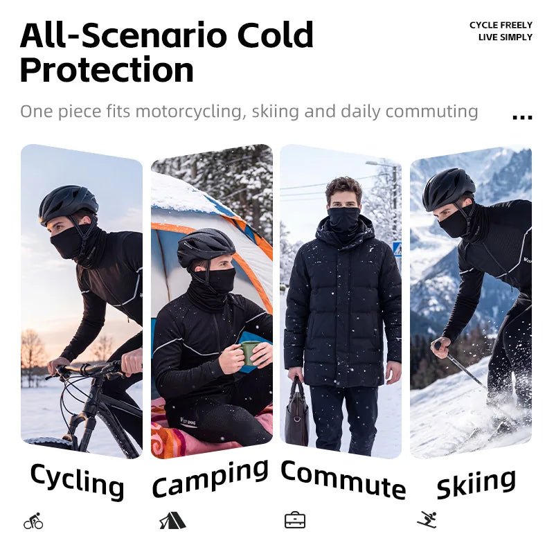 Black neck gaiter shown worn for cycling, camping, commuting, and skiing