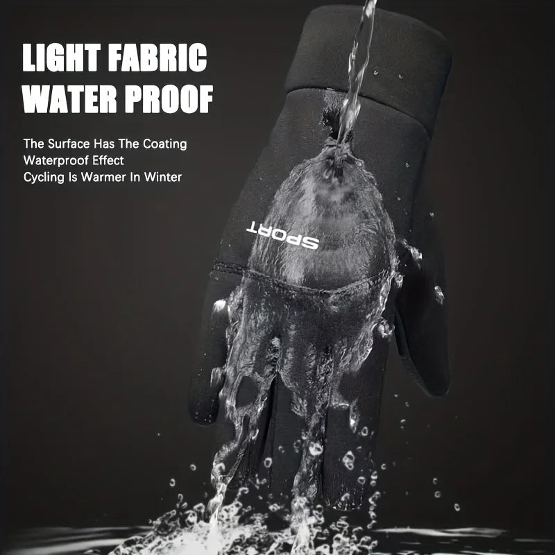 Black thermal cycling glove with water droplets on surface and padded fingers