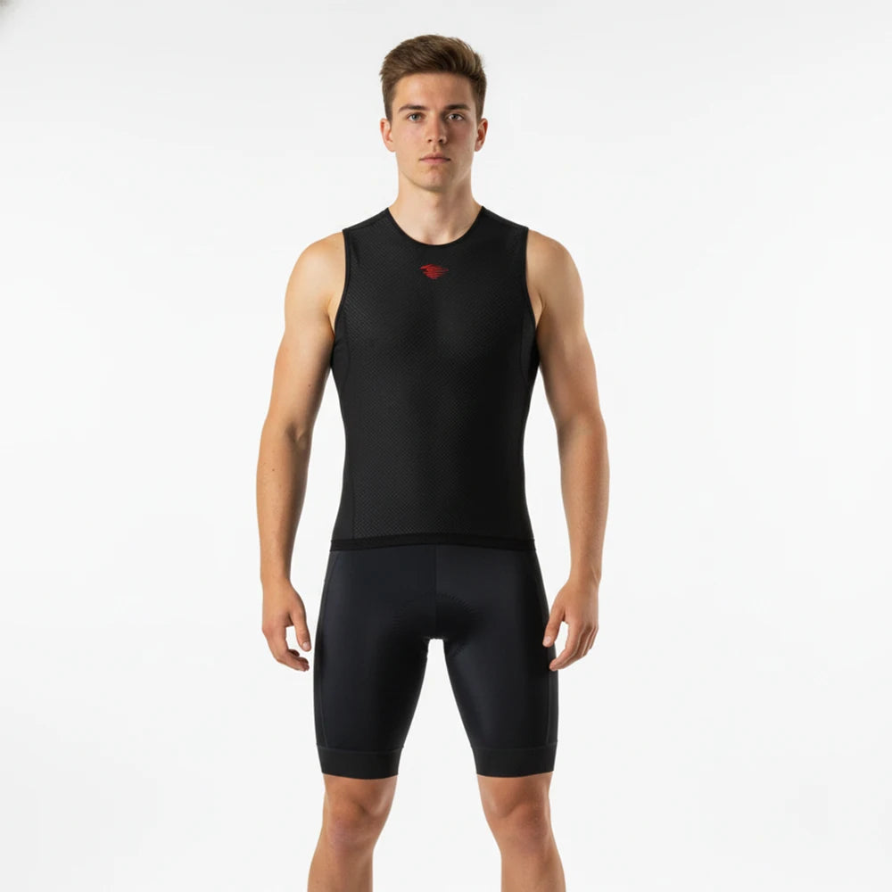 Black mesh sleeveless cycling base layer worn under black bib shorts