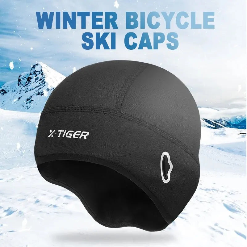 Black thermal cycling cap with X-TIGER logo band and side O-shaped emblem