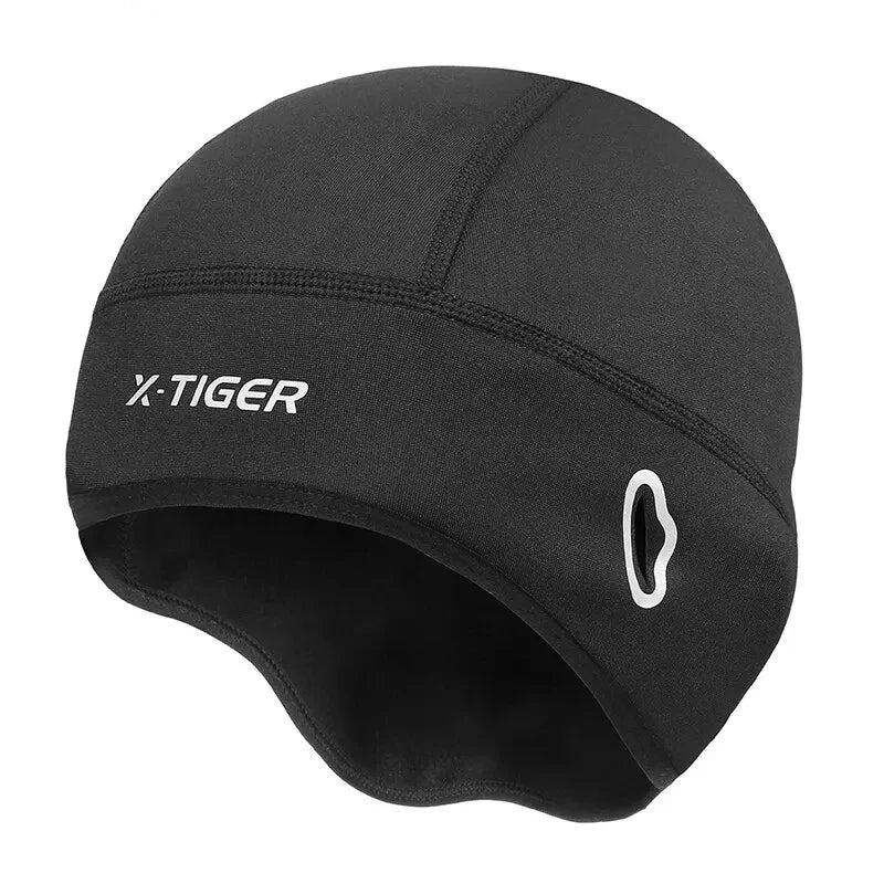 Black thermal cycling cap with X-TIGER logo and side O-shaped emblem