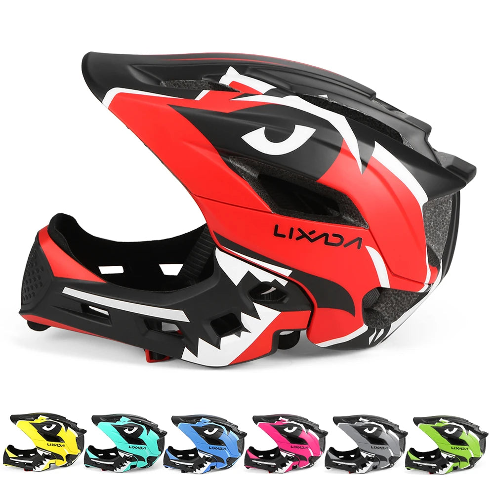 Kids Detachable Full Face Bike Helmets in various colors, predominantly red, black, and white with a cartoonish dragon design.