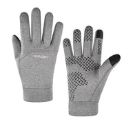 Gray thermal cycling gloves set with textured palm grip and stitched seams