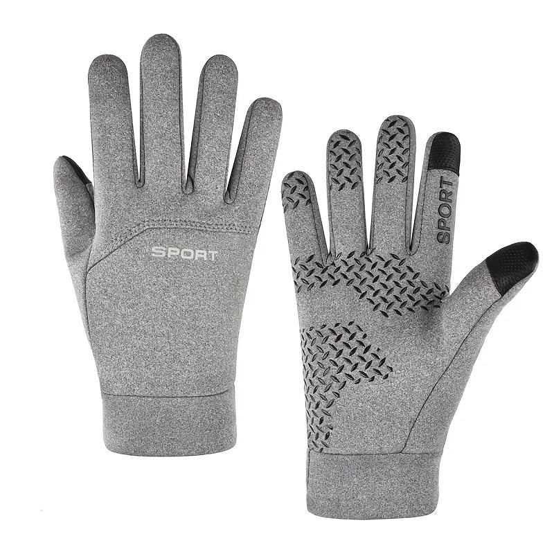 Gray thermal cycling gloves set with textured palm grip and stitched seams