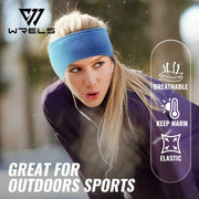 Blue thermal cycling headband worn outdoors by model, textured knit, ear coverage