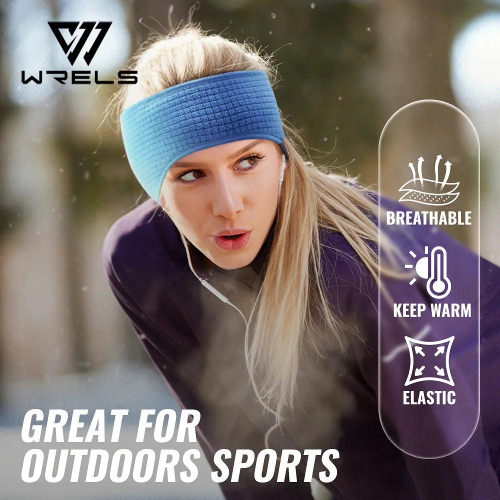 Blue thermal cycling headband worn outdoors by model, textured knit, ear coverage