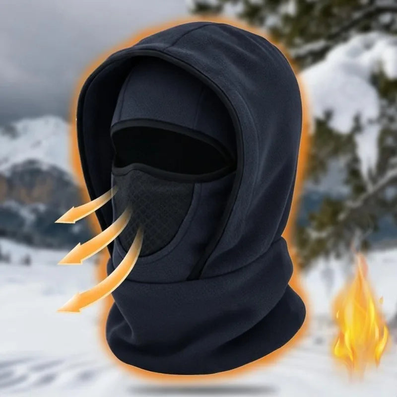 Navy hooded cycling balaclava with face opening and mesh panel at the nose