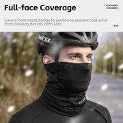 Full-face cycling mask covering nose and mouth under helmet, dark fabric with logo