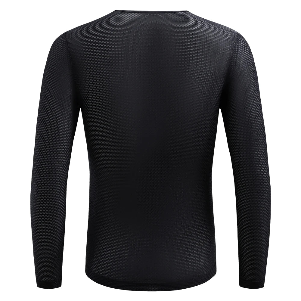 Black long sleeve mesh base layer, crew neck back view