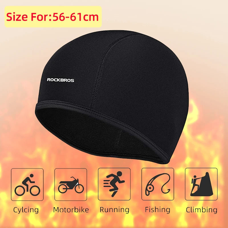 Black thermal cycling skull cap with curved brim and ROCKBROS logo