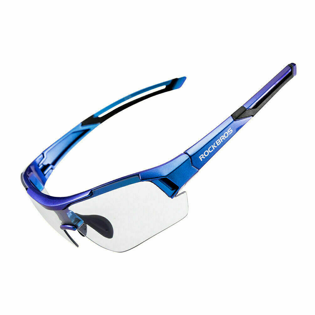 Blue photochromic cycling sunglasses with a frameless design and clear lenses, featuring a blue and purple color scheme with a logo on the side.